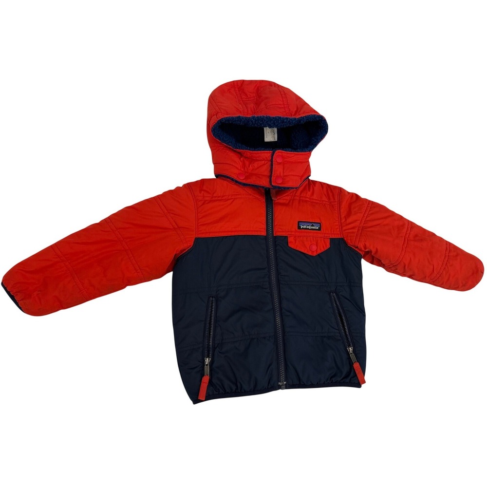 Patagonia Toddler 3T Reversible Hooded Jacket Red Navy Blue Fleece Quilted Shell